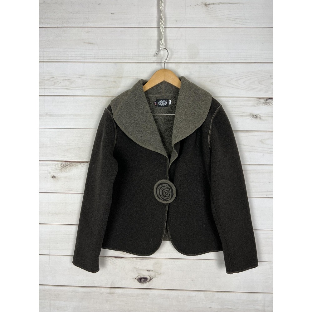 Cameleon Fleece Jacket Womens Medium Brown Short Shawl Collar Rosette Boho